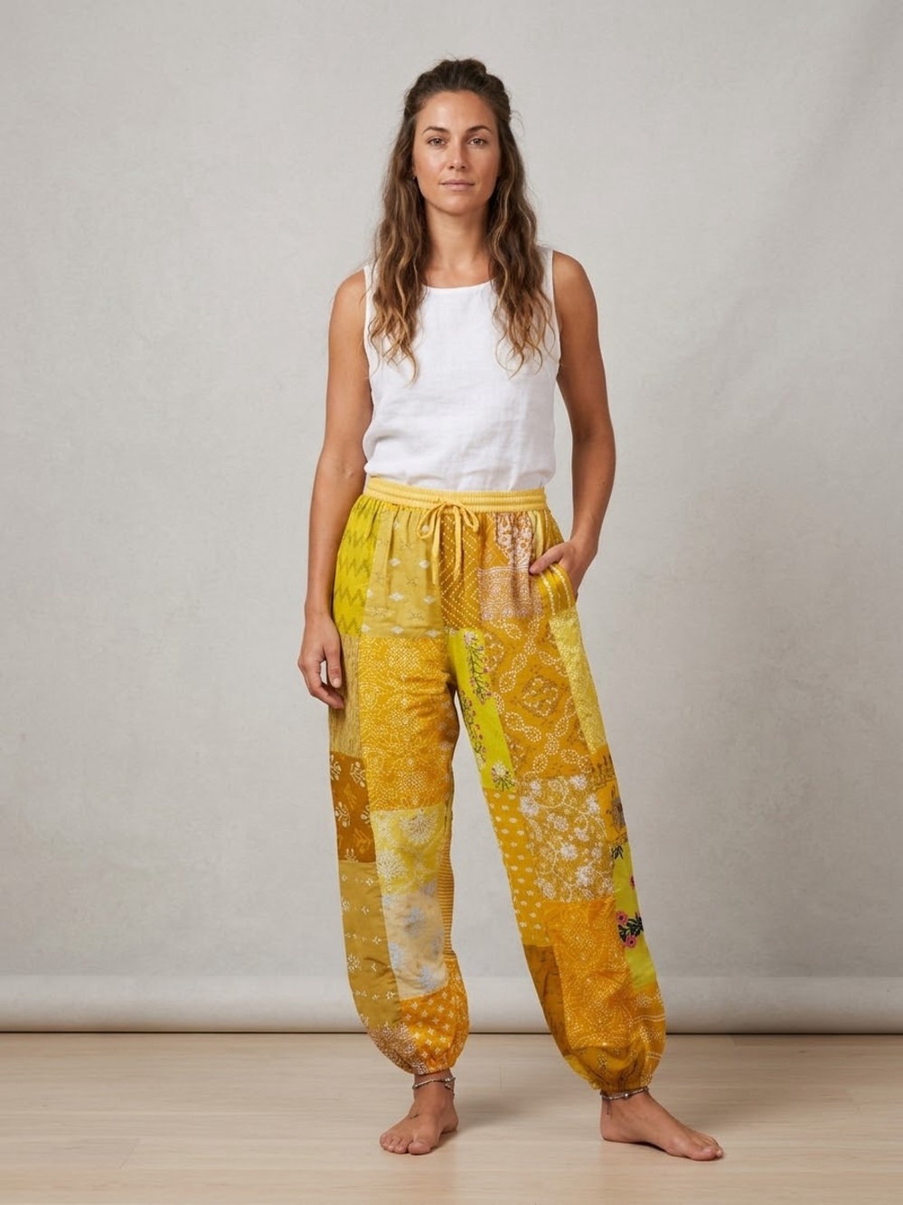 The Roots Boho Patchwork pull on Pants Floral Block Print Elastic Waist floral